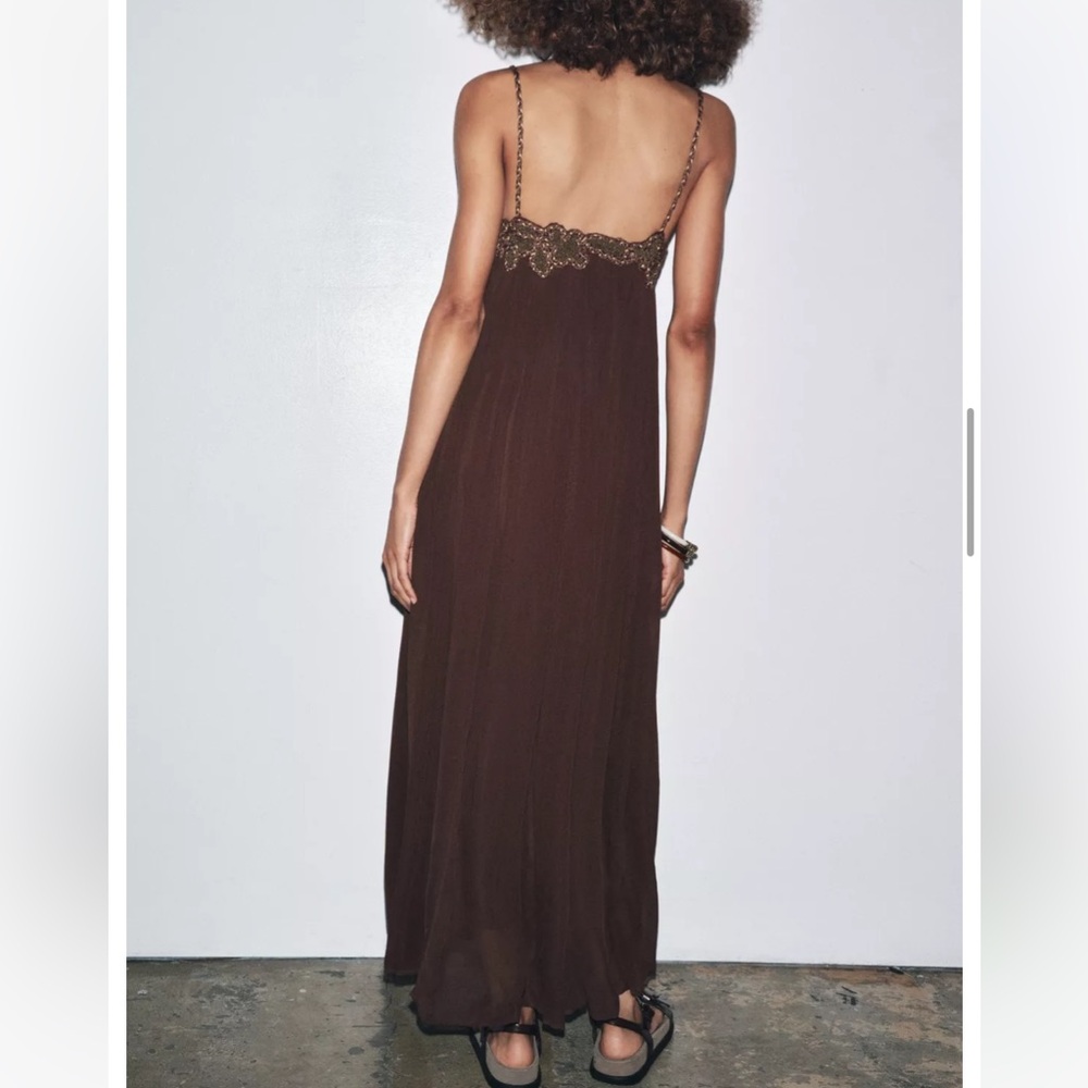 Zara NWT ZW Collection long embroidered dress brown 6895/282 - Picture 10 of 12
